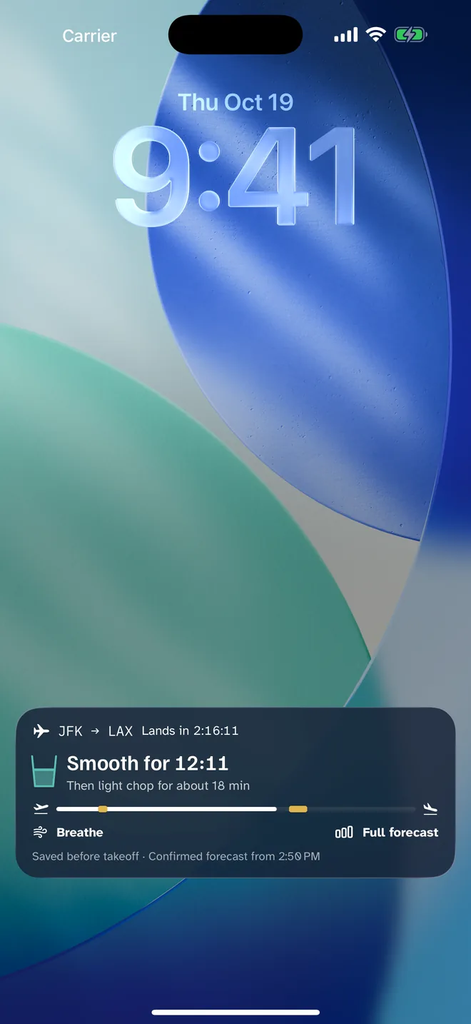 Lock Screen Live Activity: JFK to LAX, smooth for 12:11, then light chop for about 18 minutes.
