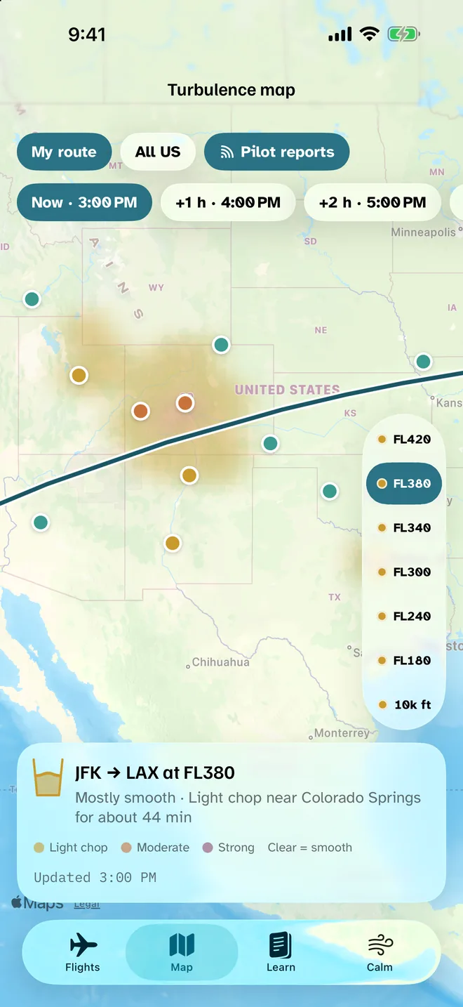 Turbulence map with light chop near Colorado Springs on the JFK to LAX route at flight level 380, and pilot reports.
